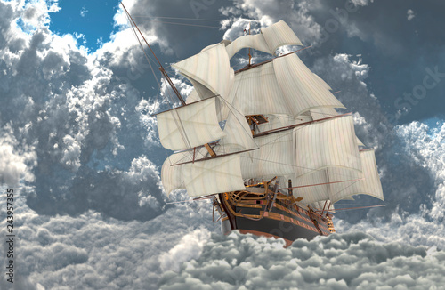 Sailboat flying above the clouds 3d illustration