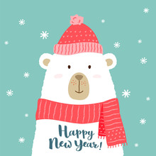 Vector Illustration Of Cute Cartoon Bear In Warm Hat And Scarf With Hand Written Happy New Year Greeting For Placards, T-shirt Prints, Greeting Cards.