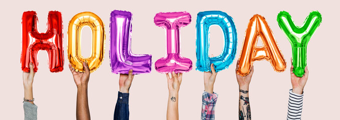 Poster - Hands showing holiday balloons word