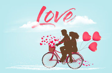 Leinwandbilder - Valentine's Day background with a heart shaped ballons and a bicycle with silhouelle. Vector.