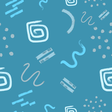 Blue abstract modern and stylish digital background with different shapes. Memphis colorful pattern. Creative forms. 