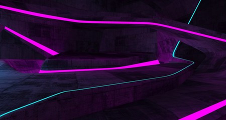 Abstract  Concrete Futuristic Sci-Fi interior With Pink And Blue Glowing Neon Tubes . 3D illustration and rendering.