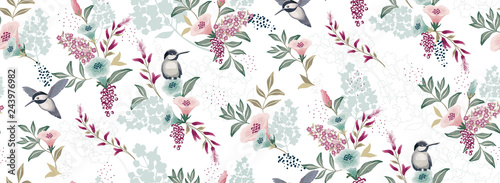 Plakat na zamówienie Vector illustration of a seamless floral pattern with cute birds in spring for Wedding, anniversary, birthday and party. Design for banner, poster, card, invitation and scrapbook 