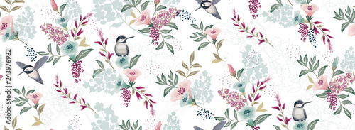 Naklejka nad blat kuchenny Vector illustration of a seamless floral pattern with cute birds in spring for Wedding, anniversary, birthday and party. Design for banner, poster, card, invitation and scrapbook 