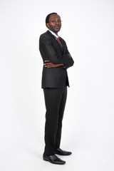 Wall Mural - Full body shot profile view of African businessman looking at camera