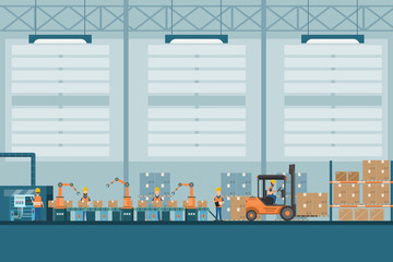 Wall Mural - smart industrial factory in a flat style with workers, robots and assembly line packing