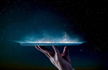 waiter hand holding an empty digital tablet smoke effect .