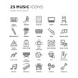 © t-vector-icons - Set of 25 Music linear icons such as Radio cassette, Quaver, Playlist, Piano, Percussion, Musical Note, player, vector illustration of trendy icon pack. Line icons with thin line stroke.