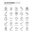 Set of 25 Kitchen linear icons such as yogurt maker, wok, Wine bottle, Whisk, waffle iron, tongs, Tea cup, stew pot, vector illustration of trendy icon pack. Line icons with thin line stroke.