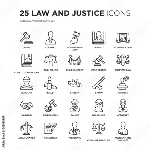 Set Of 25 Law And Justice Linear Icons Such As Court Counsel Corporative Law Convict Contract Business Witness Vector Illustration Of Trendy Icon Pack Line Icons With Thin Line Stroke Stock Vector
