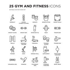  Set of 25 Gym and fitness linear icons such as Workout, Women Fitness Clothing, Weights, Weightlifting, Weight scale, vector illustration of trendy icon pack. Line icons with thin line stroke.