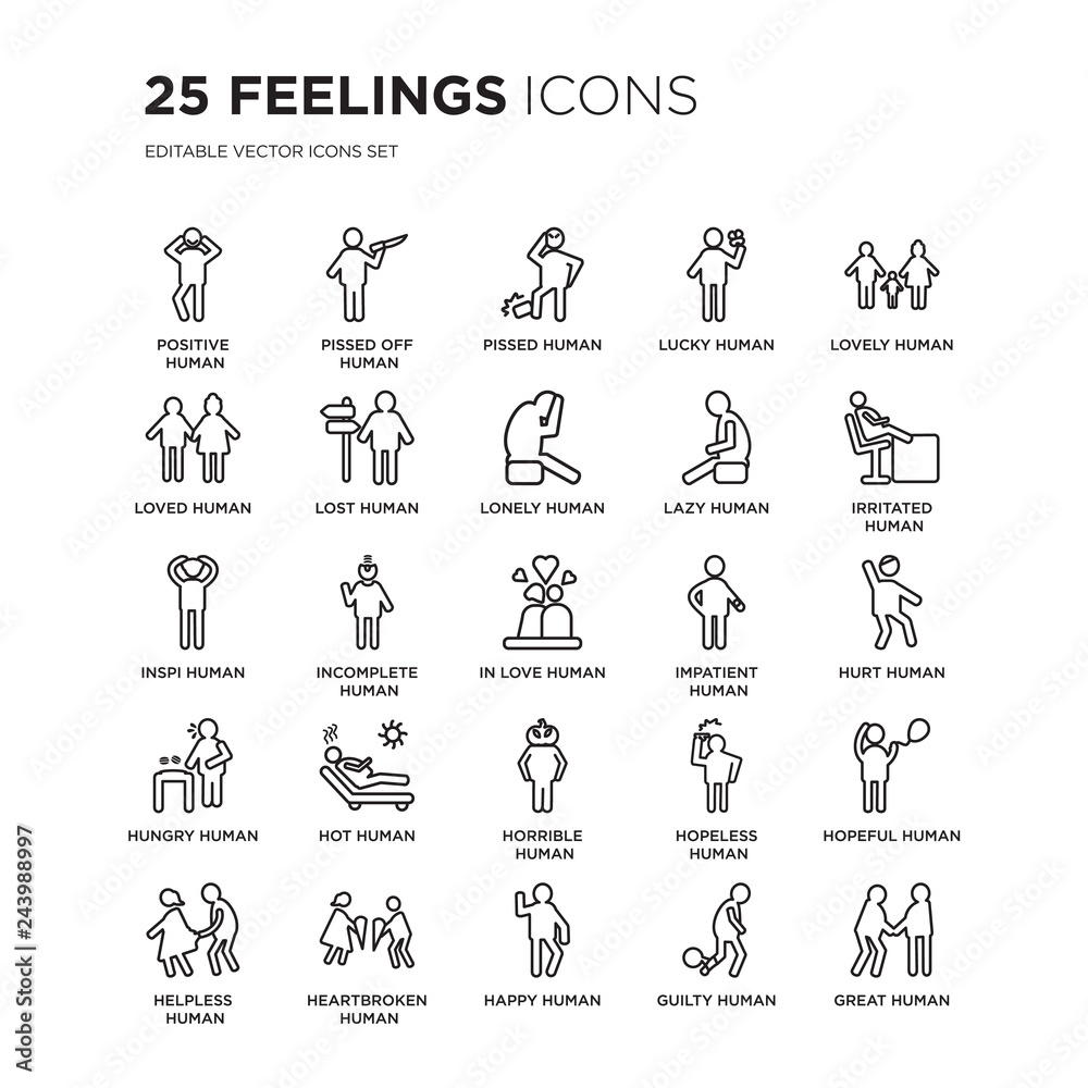 Set of 25 Feelings linear icons such as positive human, pissed off ...