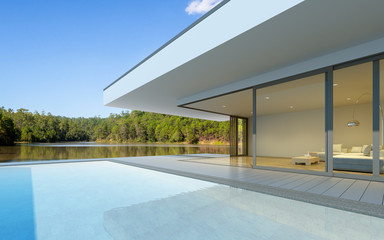 Poster - Perspective of luxury modern house with swimming pool in day time on green lake background, Idea of minimal architecture design. 3D rendering 