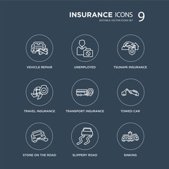 9 Vehicle repair, Unemployed, Stone on the road, Towed car, Transport insurance, Tsunami insurance modern icons black background, vector illustration, eps10, trendy icon set.