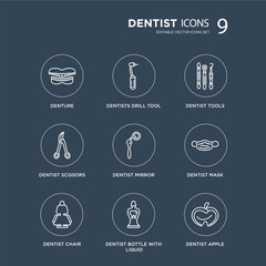 Wall Mural - 9 Denture, Dentists drill tool, Dentist chair, mask, Mirror, tools modern icons on black background, vector illustration, eps10, trendy icon set.