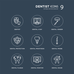 Wall Mural - 9 dentist, Dental X ray, Plaque, Probe, prosthesis, veneer, Protection, Monitor modern icons on black background, vector illustration, eps10, trendy icon set.