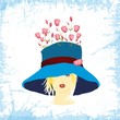 kobieta w niebieskim kapeluszu z różam