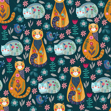 Seamless Pattern With Cute Cats And Birds, Flowers And Leaves On Dark Background, Vector Illustration