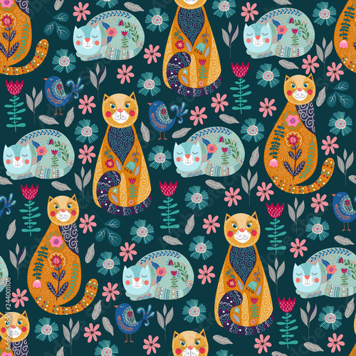 Cotton fabric Seamless pattern with cute cats and birds, flowers and leaves on dark background, vector illustration