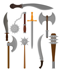 Wall Mural - Flat vector set of old weapon. Battle axes, knight swords and daggers, sabers and maces