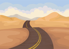 Desert Landscape With Asphalt Road. Valley With Sand Hills And Blue Sky. Outdoor Scenery. Flat Vector Design
