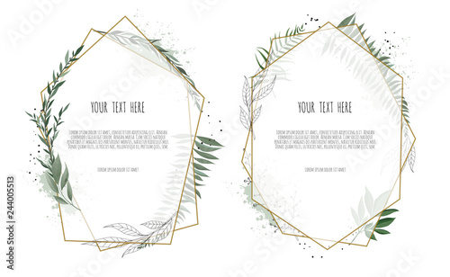 Card with leaves and geometrical frame. Floral poster.