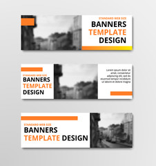 Poster - Templates of horizontal vector white banners with orange elements and place for photo. Design for web standard size. Set