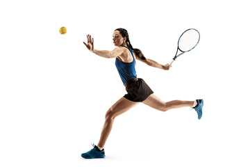 Wall Mural - Full length portrait of young woman playing tennis isolated on white background. Healthy lifestyle. The practicing, fitness, sport, exercise concept. The female model in motion or movement