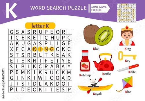 Words puzzle children educational game. Learning vocabulary. Letter K