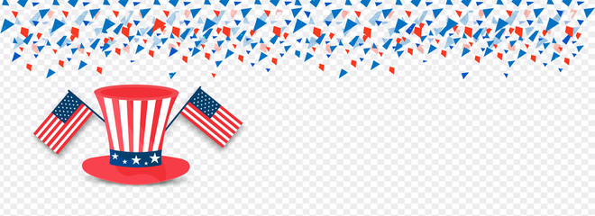 vector illustration of uncle sam hat and usa national flags on transparent background decorated with