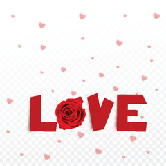 Wall Mural - stylish lettering of love with rose flower on heart decorated transparent background.