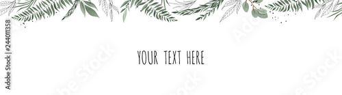 Horisontal botanical vector design banner. Pink rose, eucalyptus, succulents,...
