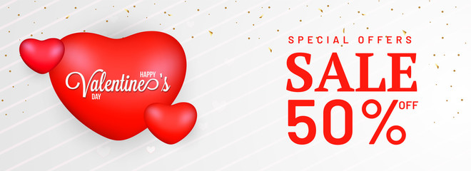 Poster - Happy valentine's sale header or banner design with 50% discount offer.