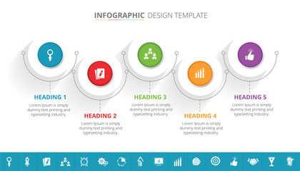 Wall Mural - 5 steps business process infographic template design with 16 extra icons - Vector Illustration 