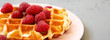 © Liudmyla - Belgian waffle with raspberries on pink plate over concrete background, side view. Closeup.