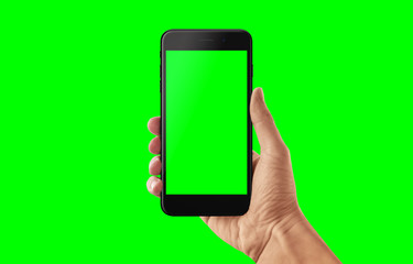 Poster - Isolated smart phone and hand in green, chroma key. Video app presentation mockup.