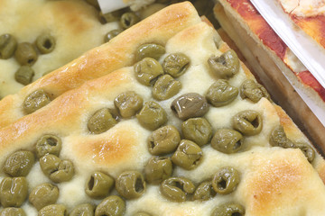 typical Ligurian focaccia stuffed with green olives