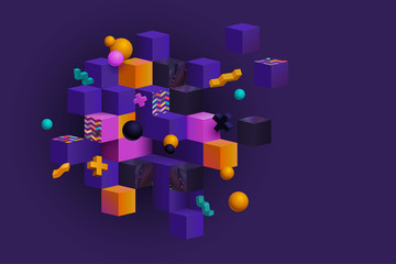 Poster - colorful abstract composition with 3d cubes, spheres and shapes, memphis inspired. eps 10 vector.
