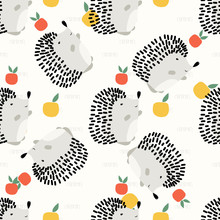 Cartoon Drawing Cute Vector Illustration, Seamless Pattern Of Graphic Spiky Hedgehog With Apple. Colorful Urchin Animal Pattern For Fabric, Textile, Wallpaper, Paper, Wrapping Or Card. Doodle Element.