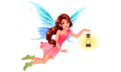 Wall Mural - Cute little fairy with beautiful long braided hairstyle holding a lantern