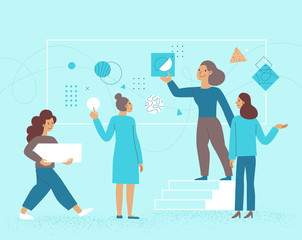 Poster - Vector illustration in flat linear style - female business characters - girls workung at laptops in coworking space