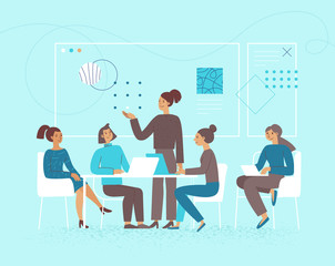Poster - Vector illustration in flat linear style - female business characters - girls working at laptops in coworking space