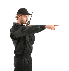 Sticker - Male security guard with portable radio transmitter on white background