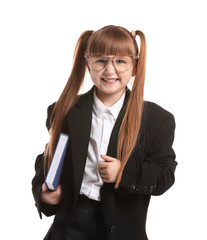 Sticker - Portrait of cute little teacher on white background