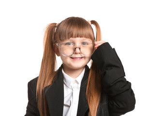 Portrait of cute little businesswoman on white background