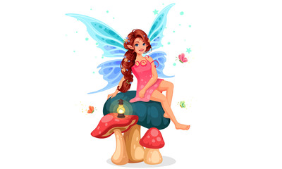 Wall Mural - Little fairy with beautiful long braided hairstyle sitting on mushroom