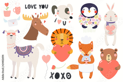 Big Valentines day set with cute funny animals, hearts, text. Isolated object...