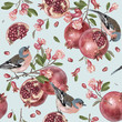 Vector seamless pattern with birds on pomegranate