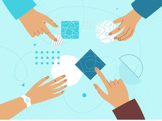 Poster - Vector illustration in flat linear style - female business concept - girl power - female hands holding abstract figures and shapes