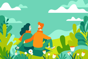 Wall Mural - Vector illustration in flat linear style - spring illustration - landscape illustration with couple in love